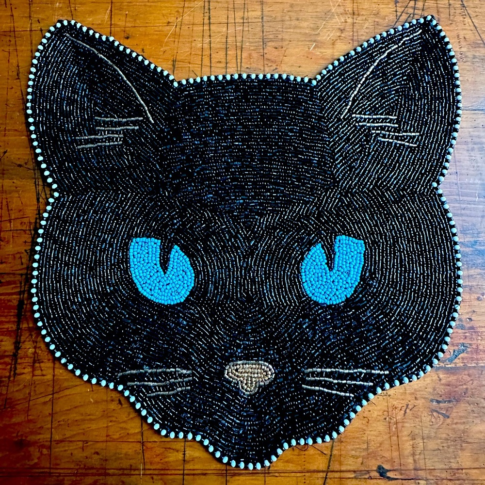 Christian Lacroix Sparkly Beaded Blue Eyed Black Kitty Cat Placemat NEW